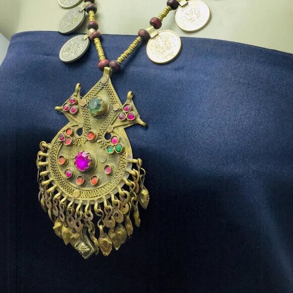 Vintage Coins Pendant Necklace, Metal And Wooden Beaded Chain Necklace - Picture 6 of 12